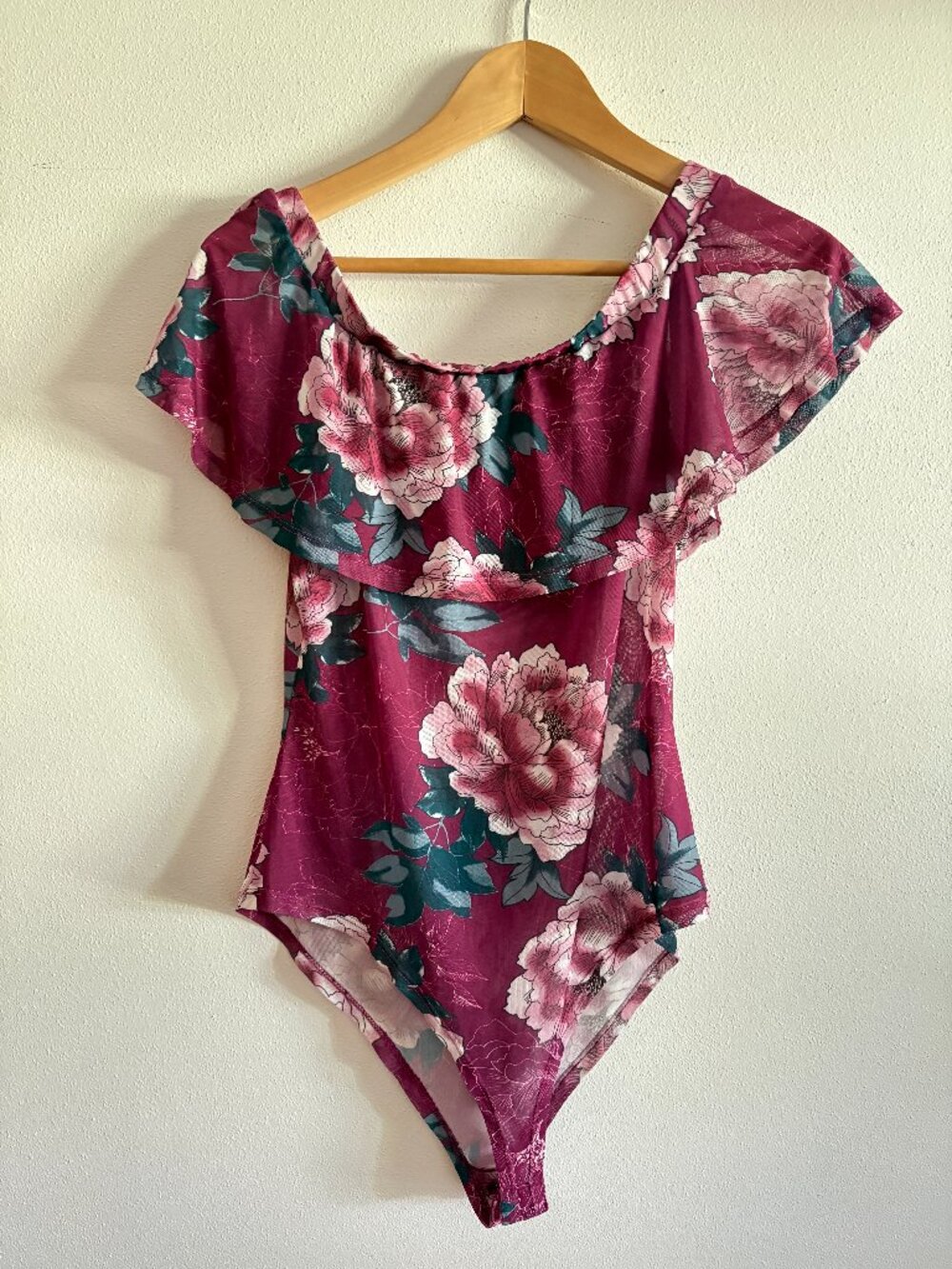 Off-the-Shoulder Floral Mesh Bodysuit | Magenta Peony Ruffle Top